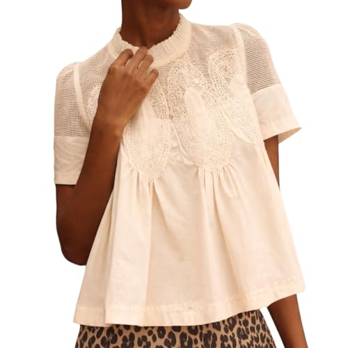 VAOYIU Women Beige Lace-Detail Flared Blouse Short-Sleeve Poplin